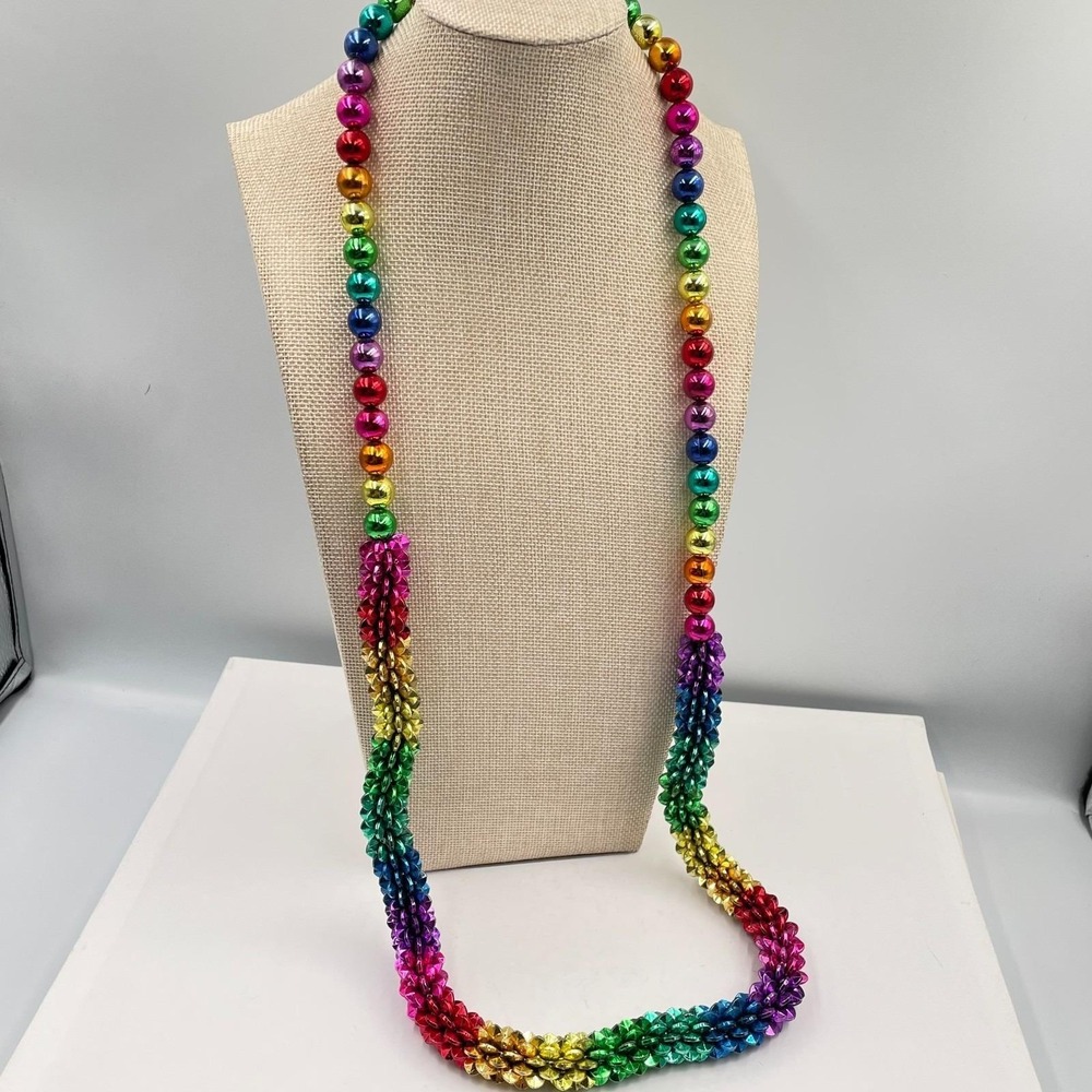 Vintage Multicolor‎ Metallic Beaded Necklace Long Pride Mardi Gras Party Jewelry